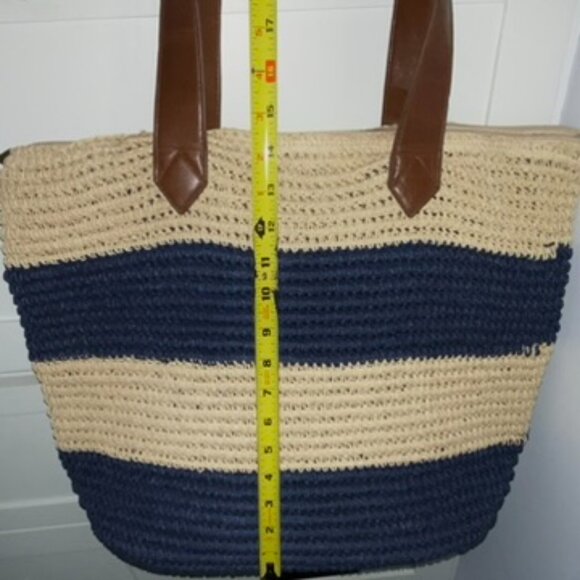 SunNSand Woven Jute Beach Tote Bag Zip Top Navy Tan Stripe 18wx14.5hx6.5"d EUC - Picture 6 of 9
